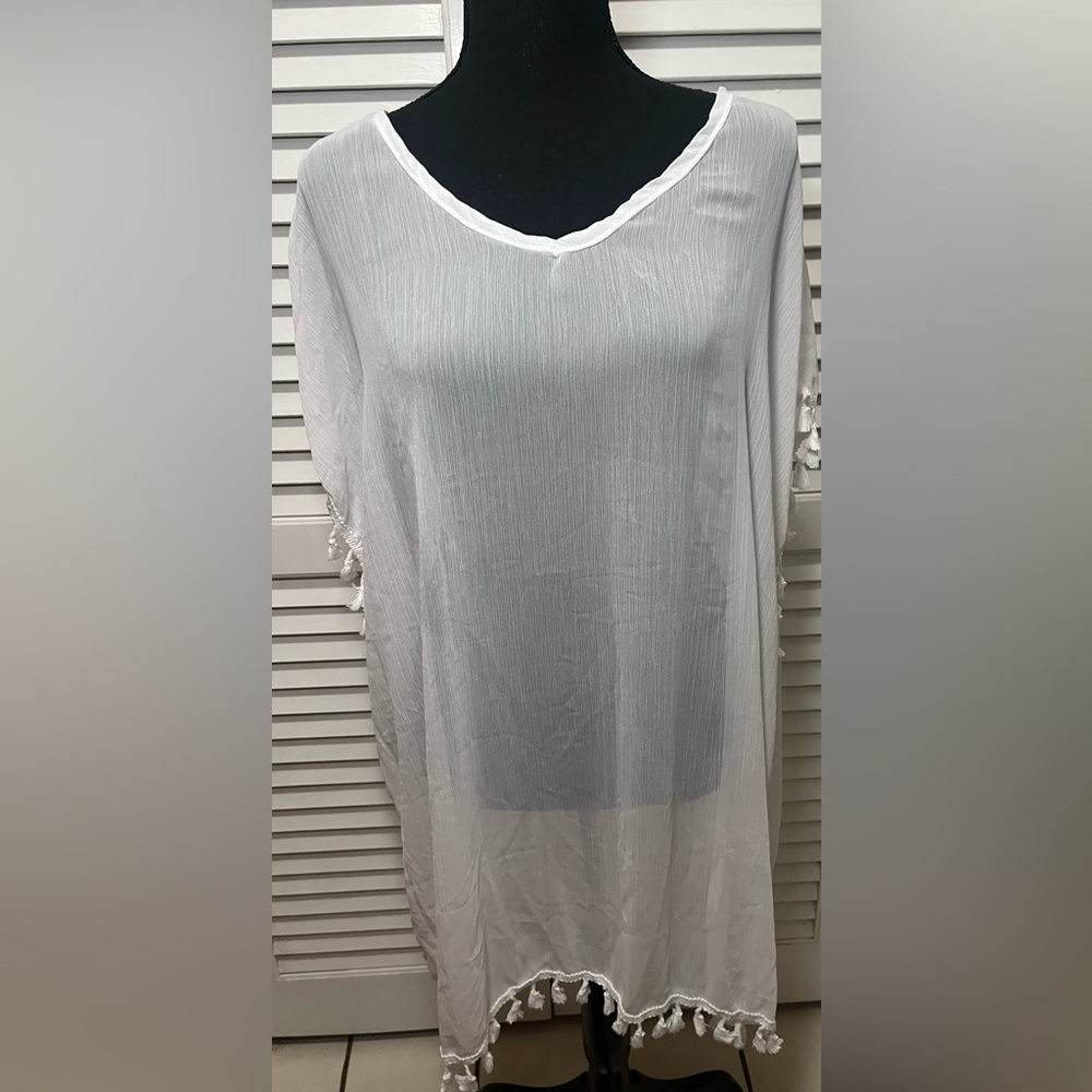 Shear White Swimwear Cover with tassels on the sides, One Size
